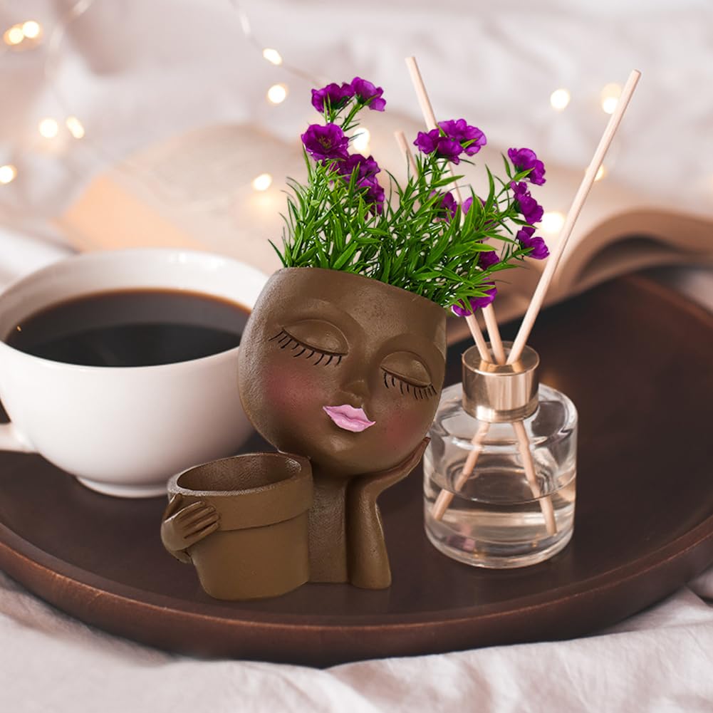 Rivonthex Lady Face Planter Pot with Dual Compartments, Resin, Indoor/Outdoor Succulent Planter, 6.3" x 4.3" x 6.7", with Drainage Holes (Brown, Small)