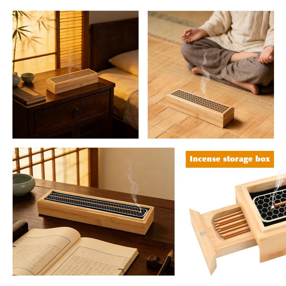Incense Holder Burner, Coffin Double Layer Wooden Ash Catcher with Storage Drawer & Lid, Includes Zen Brush and Incense Stand for Meditation, Yoga Room, Home, Office