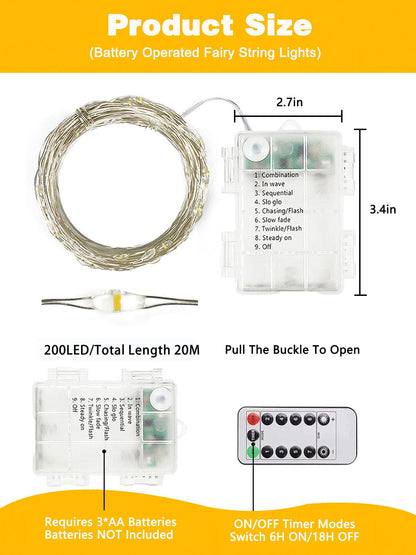 2 Pack 200 LED Fairy Lights Battery Operated with Remote, 8 Modes String Lights Indoor Outdoor, Cuttable Battery Light for Home Bedroom Wedding DIY Centerpiece Christmas Decorations (Warm White)