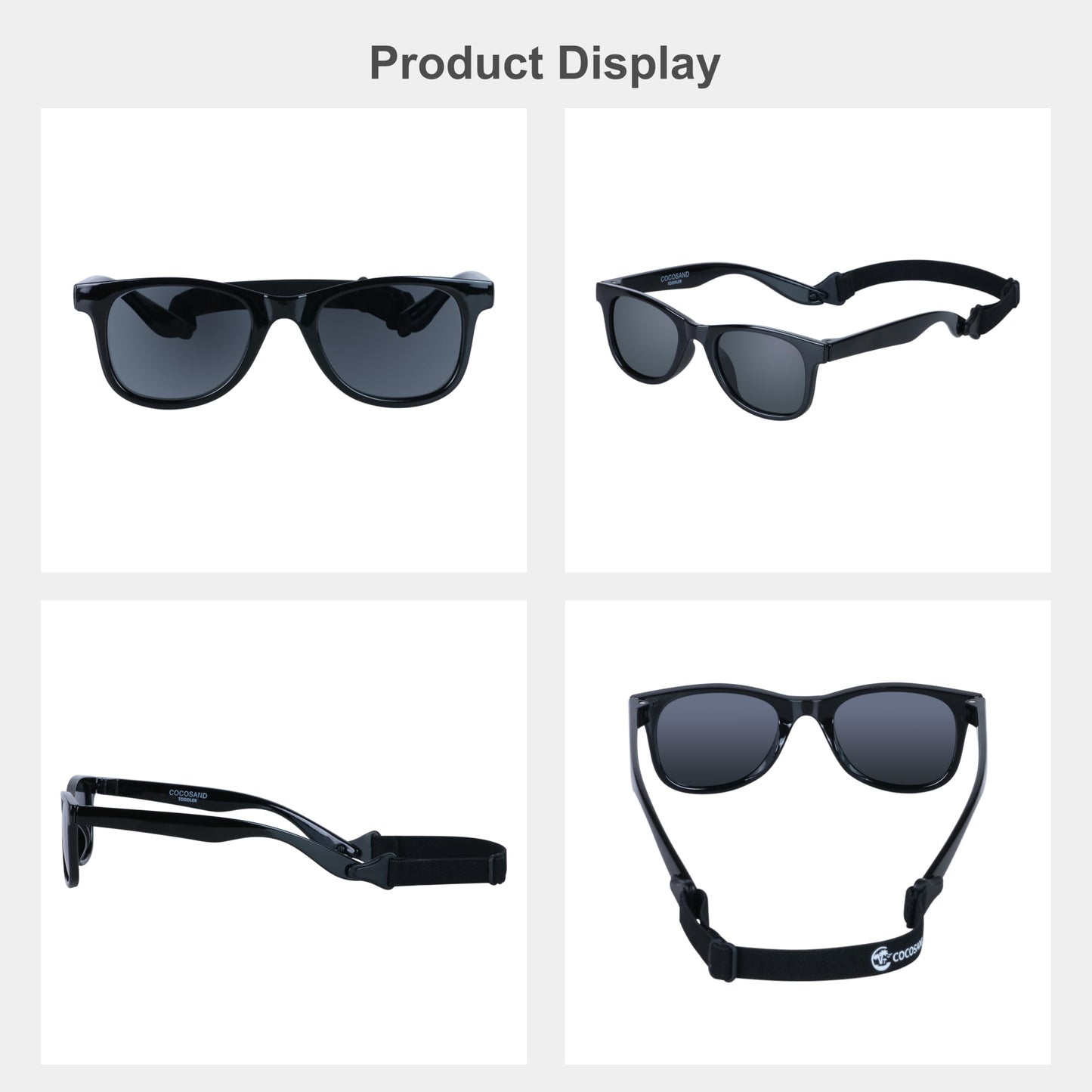 COCOSAND Toddler Baby Sunglasses with Strap Polarized Flexible Square Frame UV400 Protection for Kids Girl Boy Age 2-6, Black