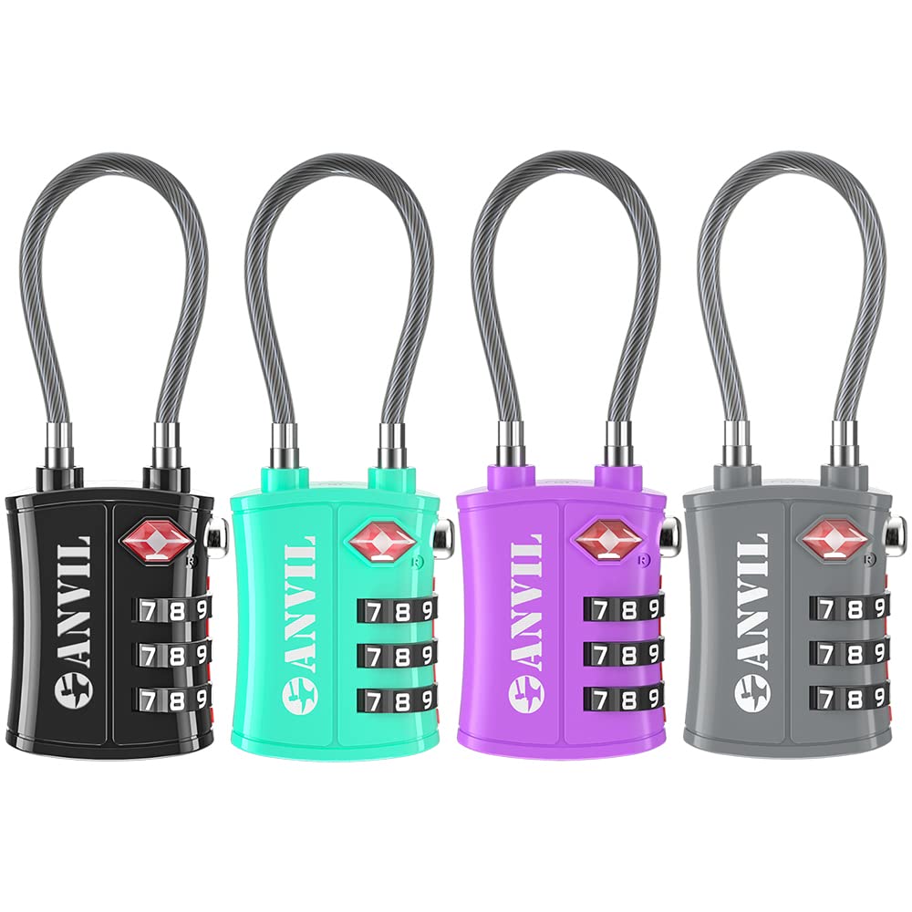 ANVIL TSA Locks for Luggage – TSA Approved Cable Travel Lock with Zinc Alloy Body, 3-Digit Combination Lock for Suitcases, Backpacks, Gun Cases, Zippers (4 Colours)