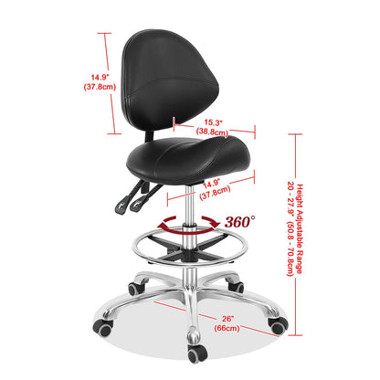 Grace & Grace Professional Saddle Stool Chair with Back Support, Hydraulic Ergonomic Saddle Seat Stool with Wheels for Clinic Dentist Spa Massage Salons Studio (Black, with Foot Rest)