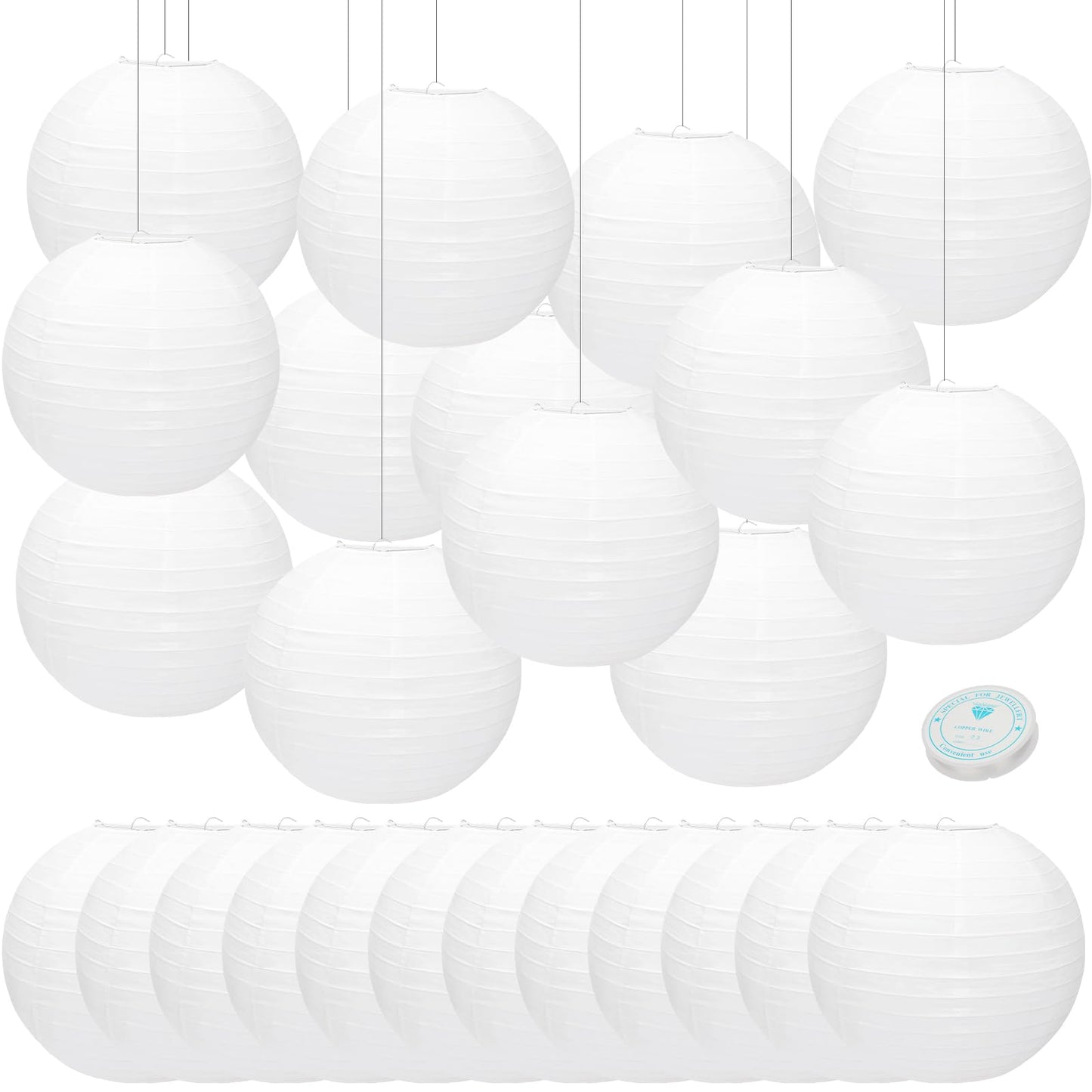 24 Packs White Paper Lanterns 12 Inch Chinese Japanese Hanging Paper Lanterns Lamp Round with Clear Fishing Line DIY Table Centerpiece Decoration for Wedding Birthday Party Baby Shower Indoor Outdoor