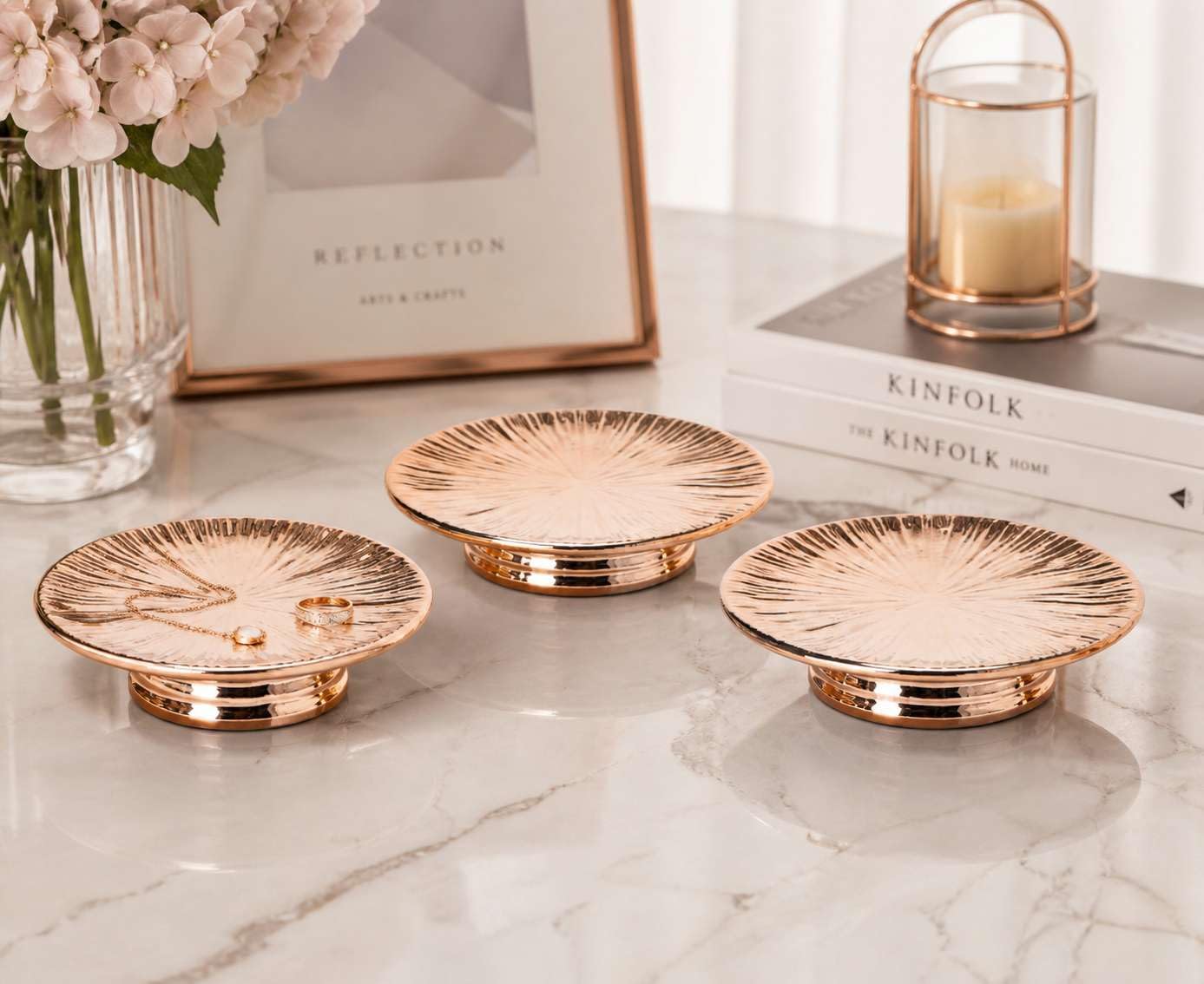 ADAVAS.Y&G Ceramic Rose Gold Candle Plate Set, 3-Piece – Decorative Candle Holder Tray for Pillar Candles, Jewelry, Stand for Flower vases – Elegant Wedding Decor and Table decoratives