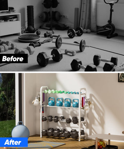 Ansionsol 4-Tier Adjustable Dumbbell Rack, Weight Storage Stand Holder for Dumbbells & Kettlebells, Heavy-Duty Home Gym Organizer with 6 Hook for Home Gym Equipment Accessories, White(Rack Only)