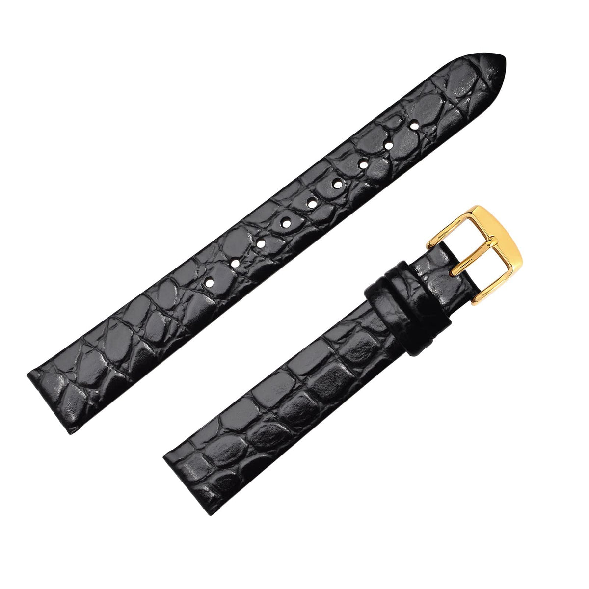 BISONSTRAP Watch Straps for Women, Crocodile Pattern Leather Thin Watch Replacement Bands,8mm, Black with Gold Buckle
