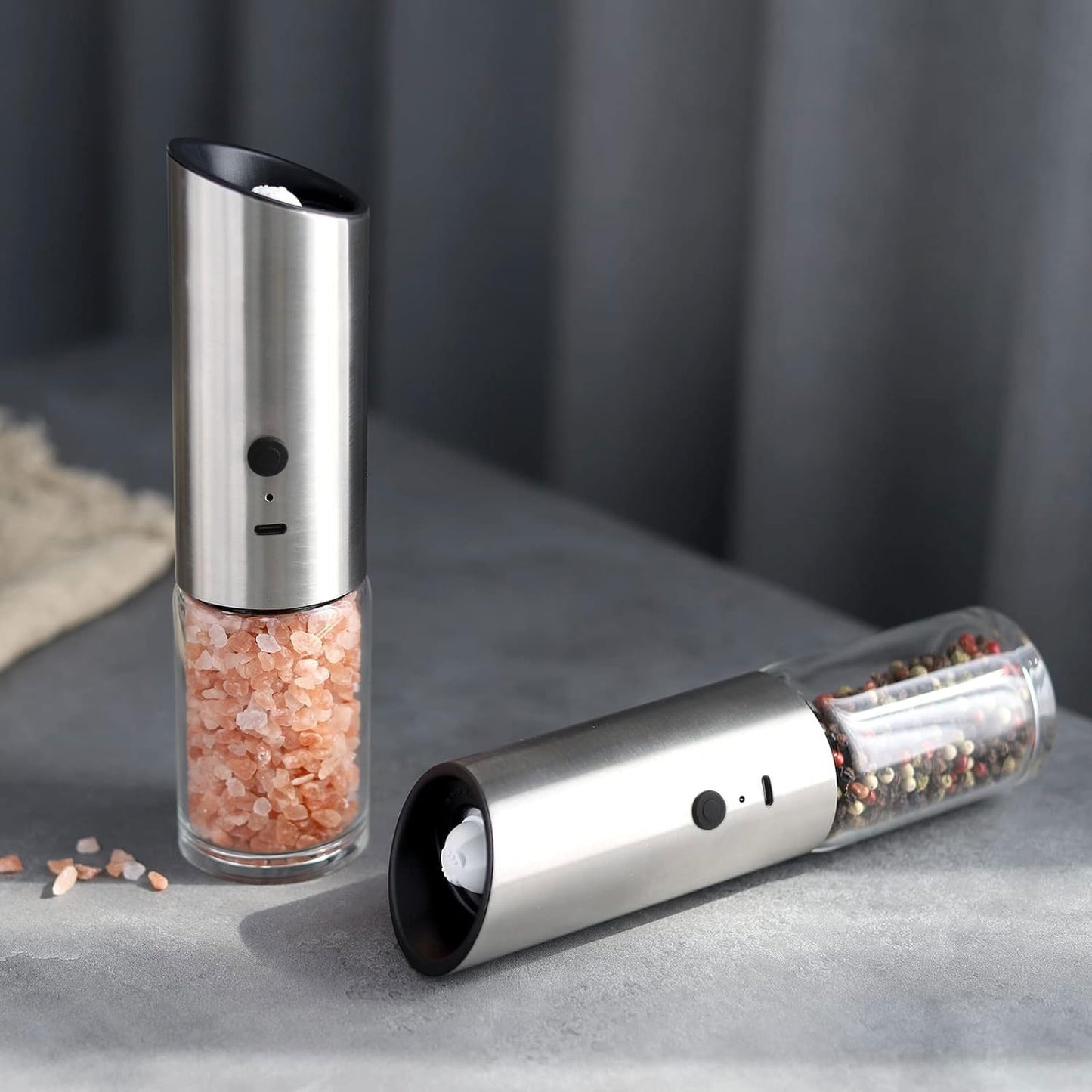 VEVOK CHEF Electric Salt and Pepper Grinder Set Rechargeable with LED Light Type-C Automatic Gravity Stainless Steel Pepper Mill Spice Grinder Adjustable Coarseness