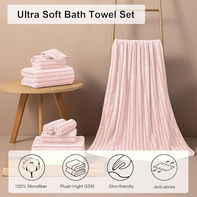 4 Piece Pink Cabana Stripe Large Bath Towels 35"x70" Oversized Bath Sheet Super