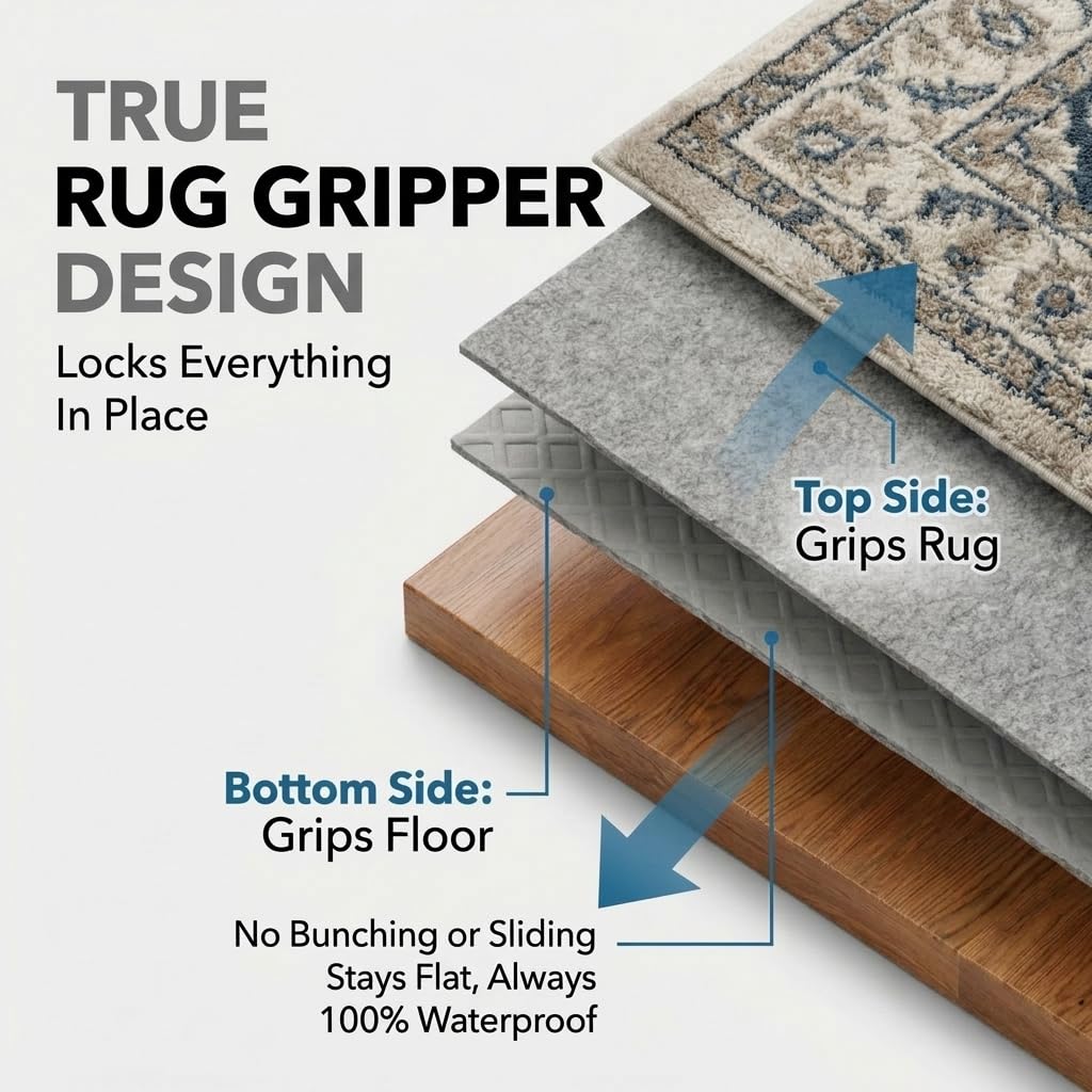 Waterproof Rug Pad, 9x12 ft (1/8" Thin) - Protect Floors, Non-Slip, Pad for Area Rugs - Anti-Slip, Washable, Pet-Friendly Cushioned Underlay for Hardwood, Concrete, Tile