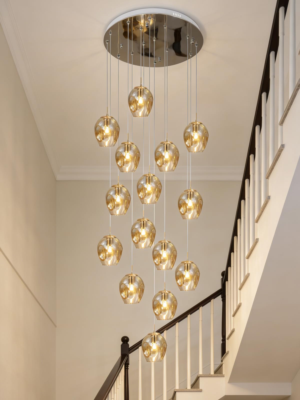 Meimond Long Chandeliers for High Ceilings,Modern Crystal Balls Pendant Light,Globe Raindrop Drop Lamp,Flush Mount Hanging Lighting Fixtures for Spiral Staircase,Foyer,Entryway,Living,15 Lights