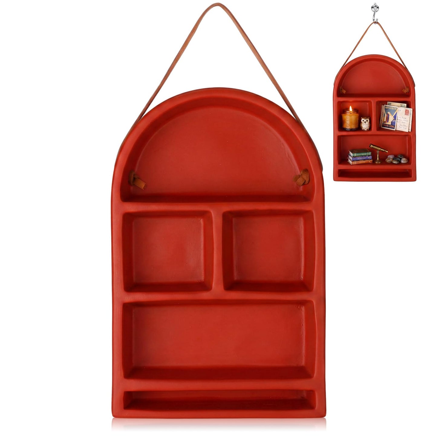Ferrochef Nordic Arch Shelf 5.5 x 8.7 Inch Ceramic Arched Wall Cabinet Floating Wall Shelves with Hanging Rope for Miniature Display and Trinket Storage Shrine Home Decor(Terra Cotta)