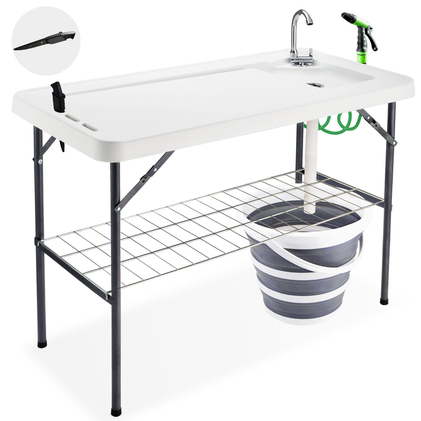 Avocahom Folding Fish Cleaning Table with Collapsible Bucket, Portable Outdoor Fillet Station Camping Sink Table with Faucet, Drainage Hose & Sprayer, Grid Rack, Knife Groove for Picnic Fishing
