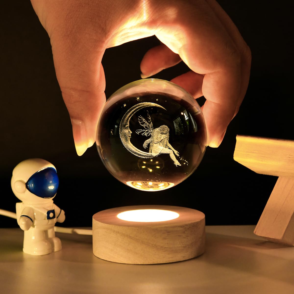 QIANCHANG 3D Fairy Crystal Ball with LED Stand, Fairies Figurines Lamp Night Light, Fairy Moon Decor Glass Sphere Balls Gifts for Women Girls Mom Kids(60mm)