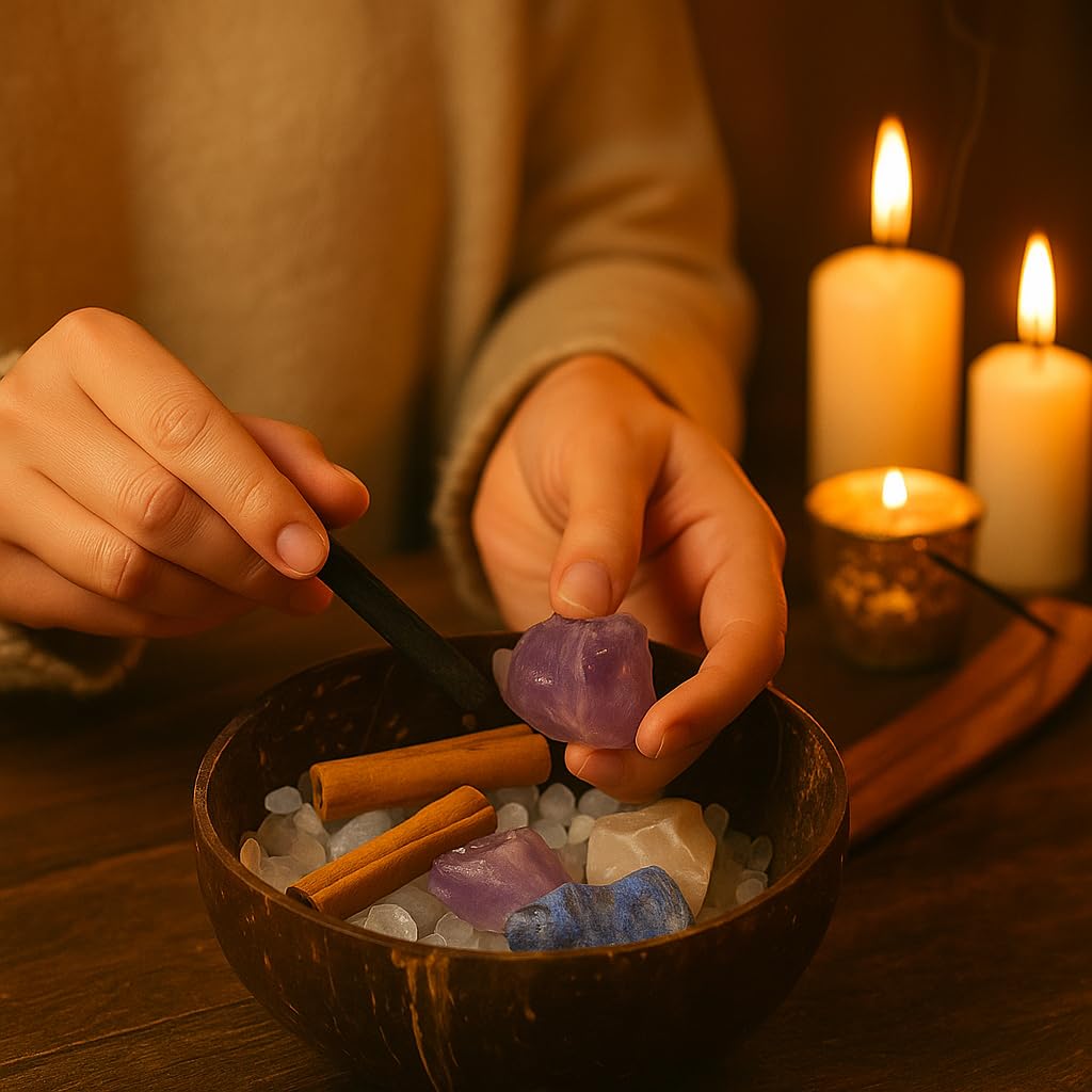 Crystal Cleansing Set with Coconut Bowl – Natural White Quartz Raw Stone, Crystal Chips & Cinnamon Sticks for Meditation, Energy Healing, and Spiritual Rituals