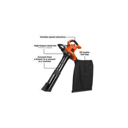 BLACK+DECKER 3-in-1 Electric Leaf Blower, Leaf Vacuum/Mulcher, Up to 250 MPH, Premium Disposable System, Corded, 12-Amp Handheld Lightweight Corded Electric Combo (BV6600)