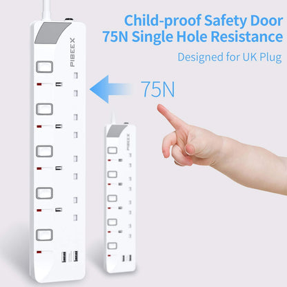 PIBEEX Extension Lead with 4 Way Plug Sockets, Wall Mountable Extension Socket with Individual Switches and 2 USB Charging Ports, 13A 3250W, 2M Extension Cord