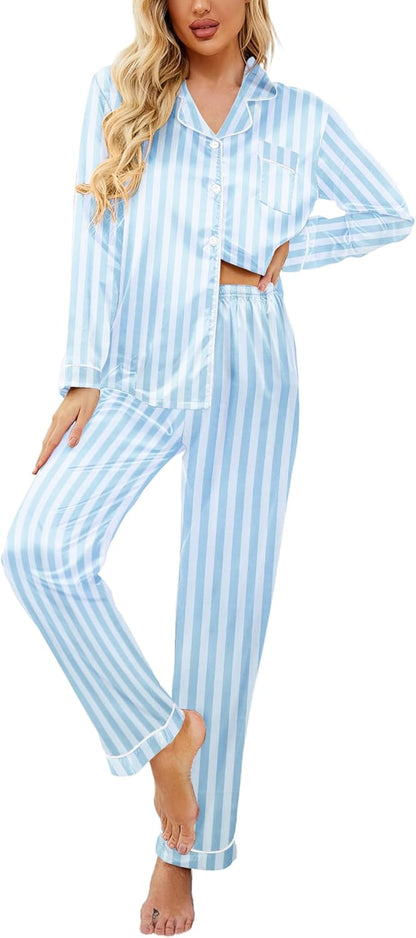 Ekouaer Women's Classic Button Down Long Satin Silk Pajama Set