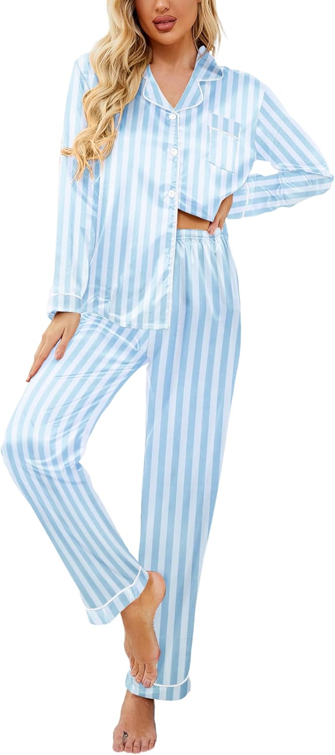 Ekouaer Women's Classic Button Down Long Satin Silk Pajama Set