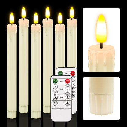 HL Flameless Taper Candles with Remote Timer, 450H+ Long Lasting Battery Operated LED Candlesticks with Warm 3D Flickering Flame, 9.6" Window Candles for Halloween Christmas Home Decor (Ivory 6Pcs)