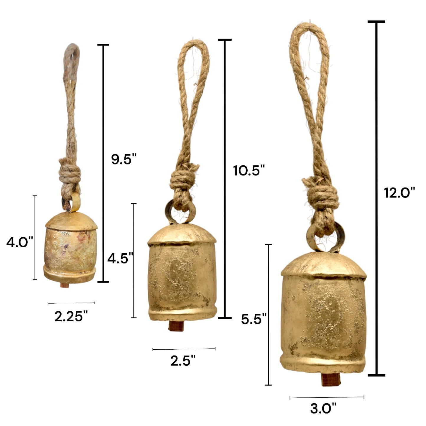 Christmas Bells Decor, Gold Hanging Bells for Christmas Decoration, Cow Bells Christmas Decor for Mantle, Set of 3 Rustic Shabby Chic Bells, Harmony farmghouse Bells.
