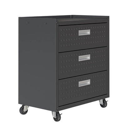 Manhattan Comfort Fortress 31.5-Inch Rolling Garage Tool Chest, 3-Drawer Lockable Mobile Storage Cabinet, Diamond-Textured Steel Utility Organizer with Wheels for Basement, Workshop in Charcoal Grey