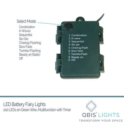 QBIS Outdoor Christmas Lights - Fairy Lights Battery Operated with Small Warm White LEDs, Green Wire, Multifunction, 6hr Timer, Indoor/Outdoor Battery Operated String for Wreath, Garland or Tree