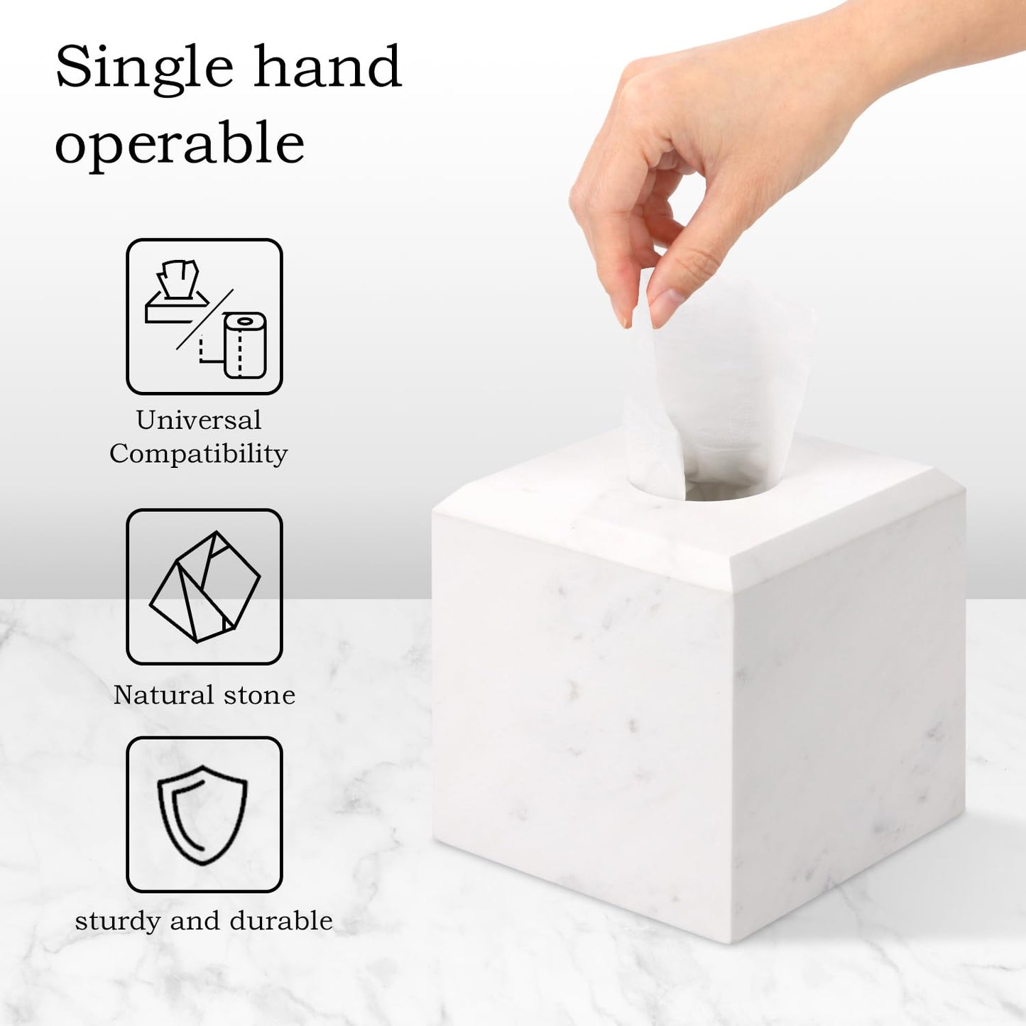 Natural Marble Square Tissue Box Cover,Stone Modern Decorative Sturdy Napkin Box Holder Case,Facial Paper Organizer for Bathroom Vanity Toilet Countertop,Kitchen (1, Jazz White, 5.71 * 5.71 * 5.51)