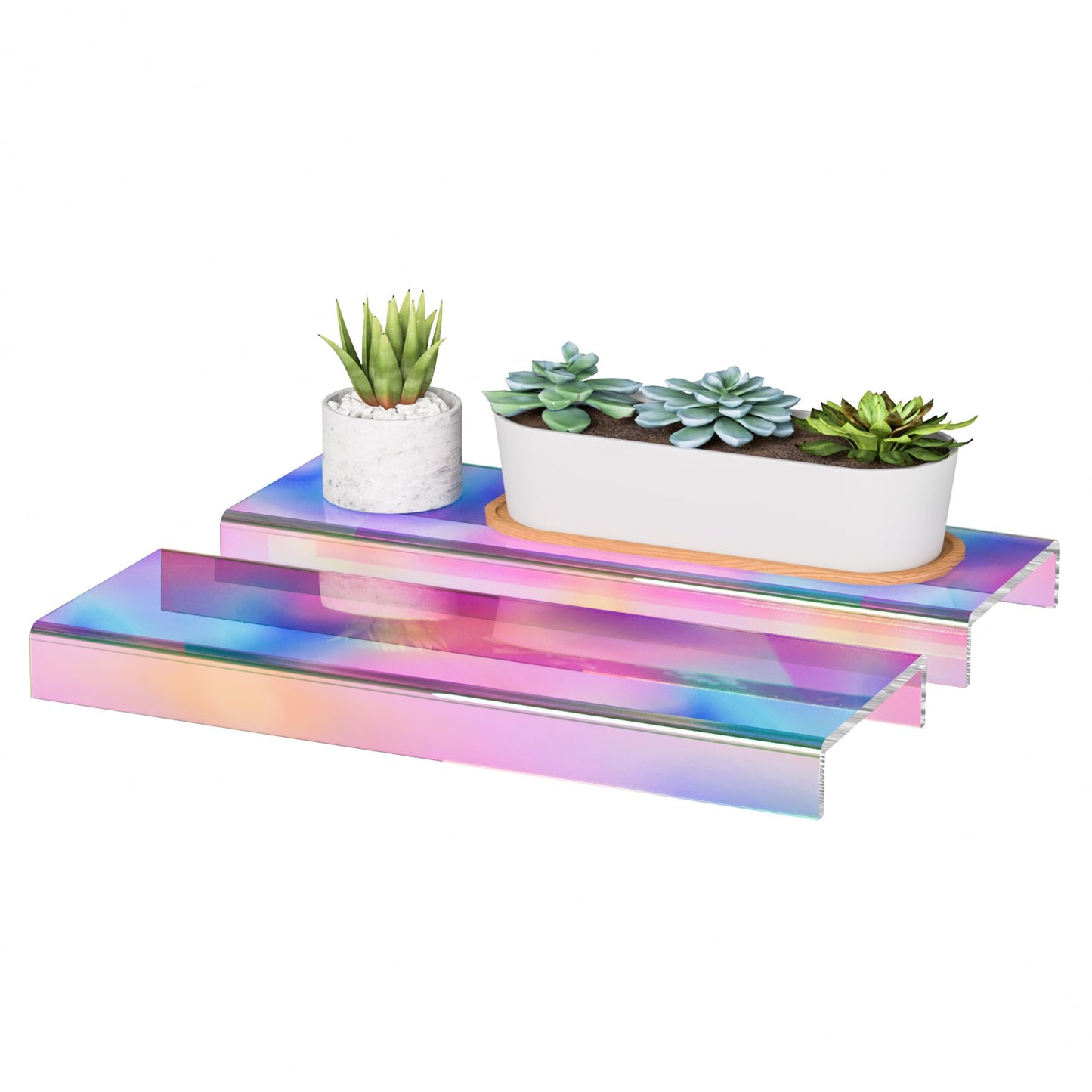 Sezanrpt Acrylic Shelf Riser 12x3.9x1 pack of 2, Iridescent Display Shelf 12” for Shoes, Glasses, Plants, Home Decors, Perfume, 12x3.9x1 Inch