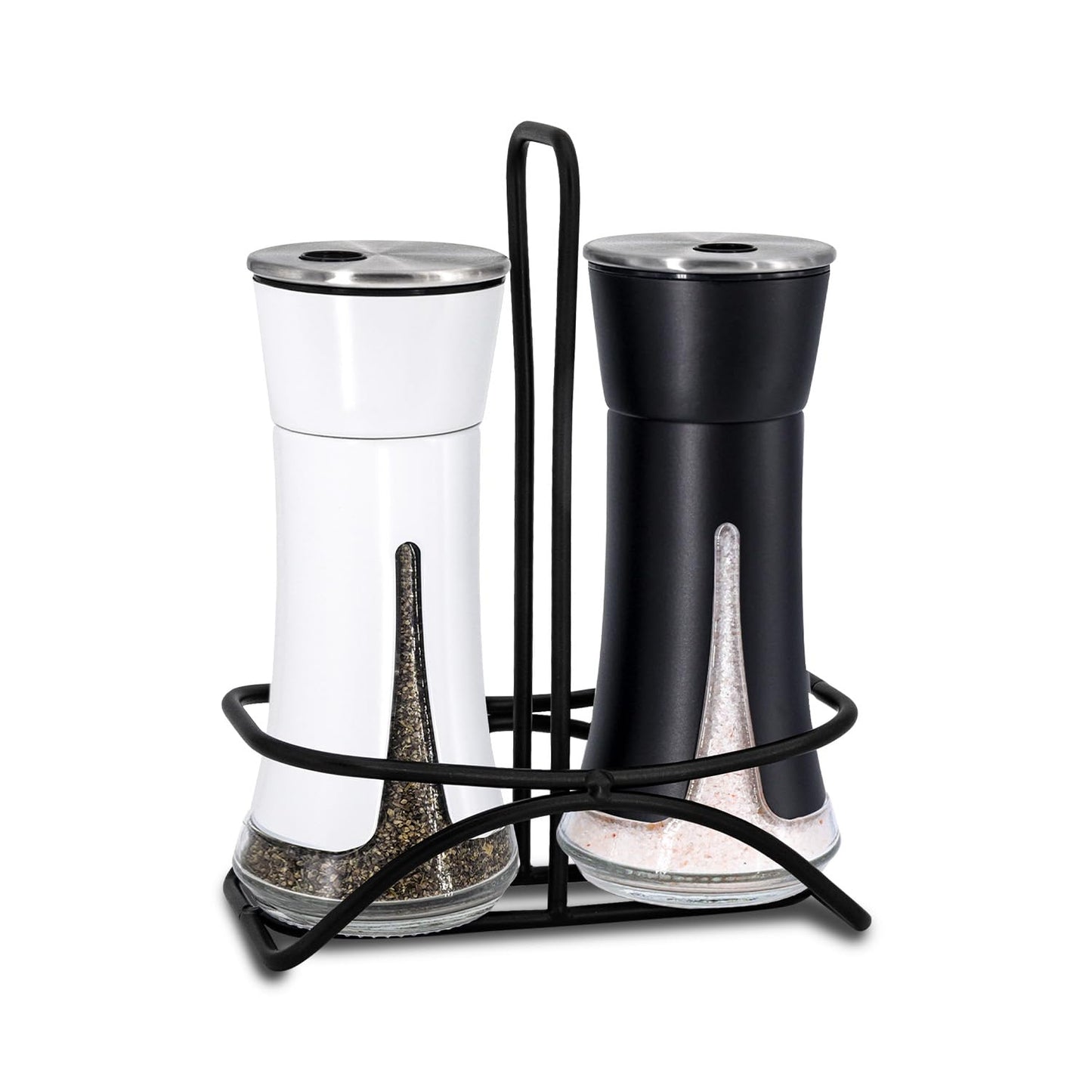 Aelga Farmhouse Salt and Pepper Shakers with Holder, Salt Shaker for the Kitchen with Adjustable Pour Holes for Himalayan, Kosher, and Sea Salts