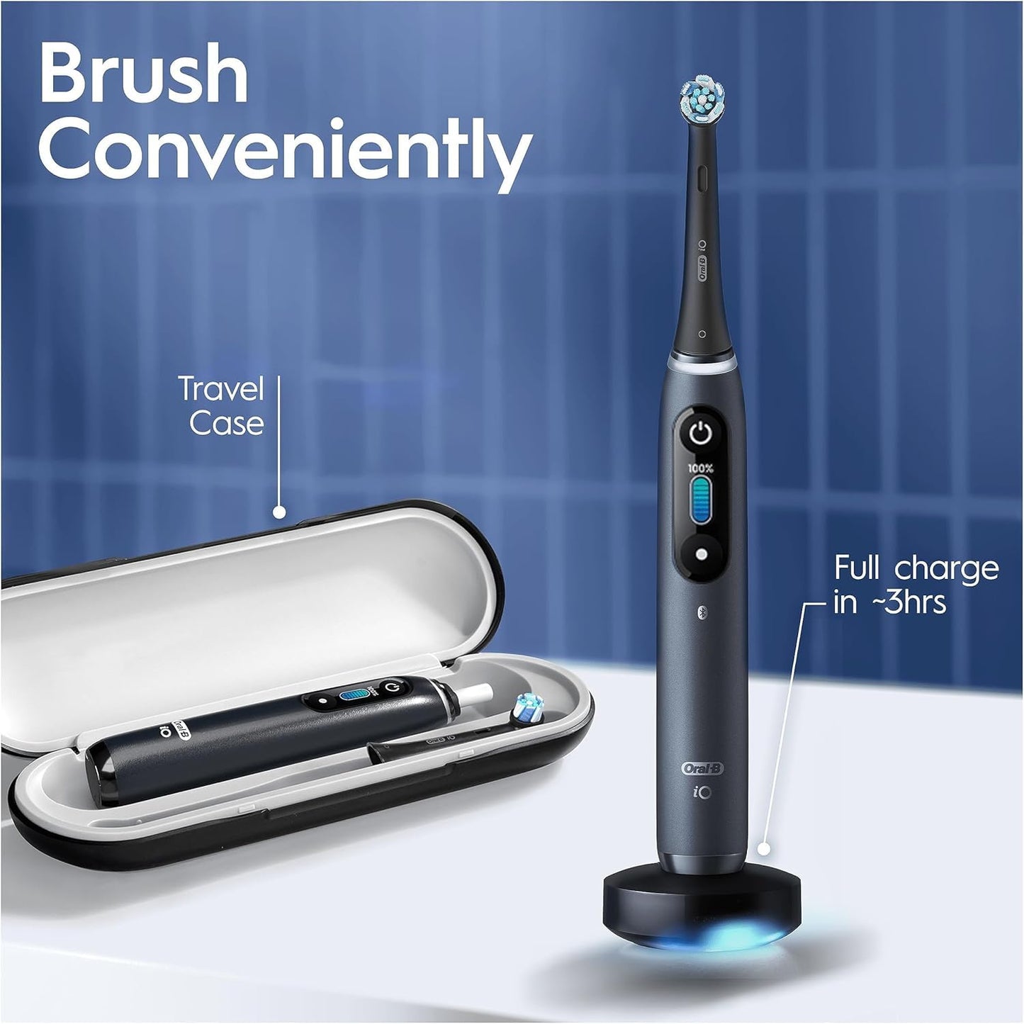 Oral-B iO8 Electric Toothbrush For Adults, App Connected Handle, 3 Toothbrush Heads, Travel Case & Toothbrush Head Holder, 6 Modes, Teeth Whitening