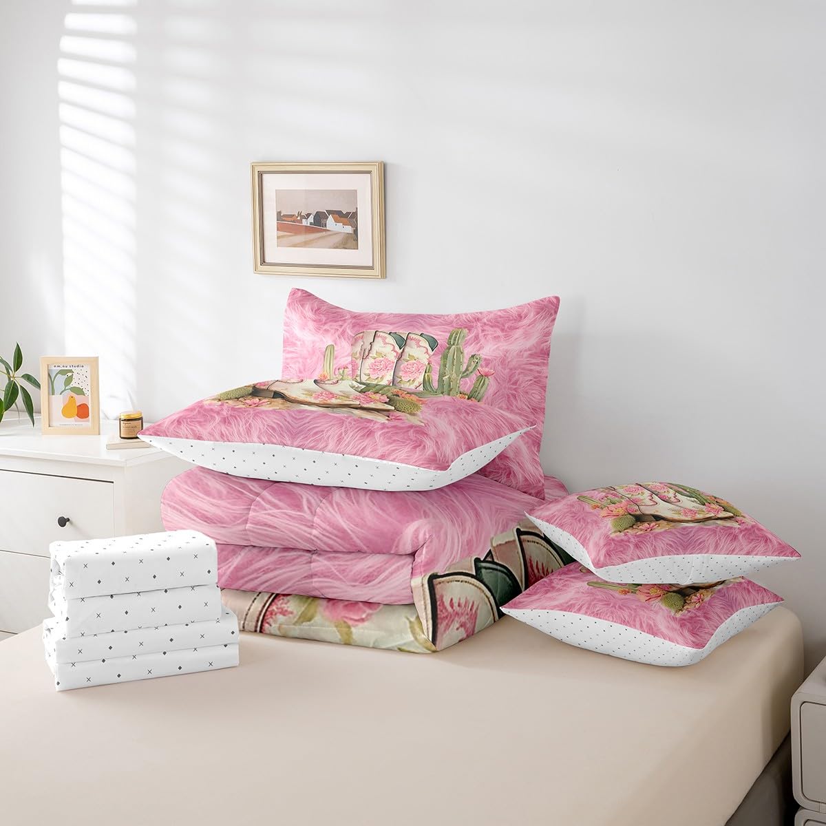 Feelyou Cowgirl Boots Comforter Set 7 Pieces Twin Size Kids, Western Pink Cow Fur Print Bedding Set Boys Girls, Floral Bed in a Bag,Comforter + Sheets + Pillowcases + Cushion Covers（No Real Fur）