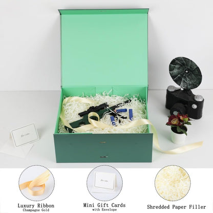 BoxSkivra Green Large Gift Box with Ribbon 1 Pack 13X11X5.3 Inch Large Gift Box with Lid Magnetic Closure Rectangle Collapsible Luxury Gift Boxes for Presents Crinkle Cut Paper Shred with Card