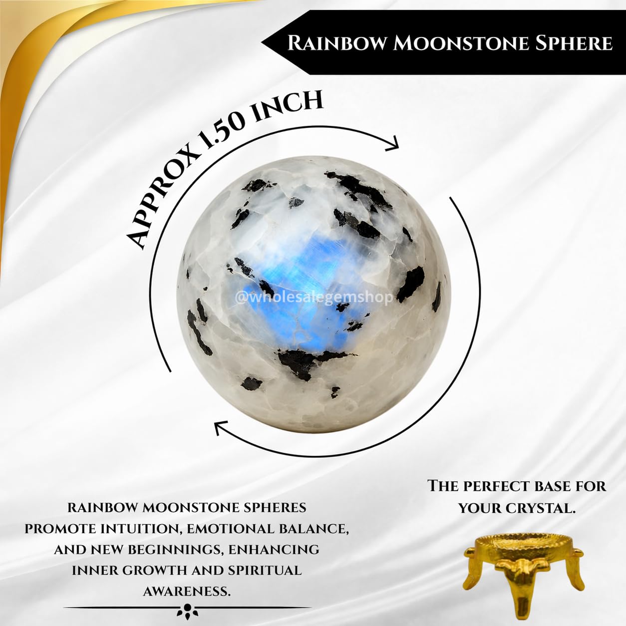 Wholesale Gem Shop Rainbow Moonstone Sphere 40-45 mm with Stand