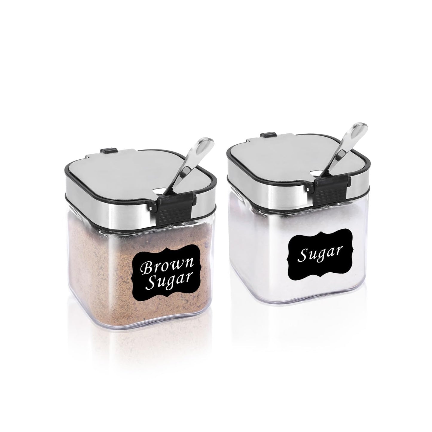Aelga Glass Sugar Bowl with Lid and Spoon, 8.5 OZ Sugar Container Stainless Steels Flip Lid, Salt Container for Kitchen, Coffer Bar Accessories, Countertop, 2 Pack