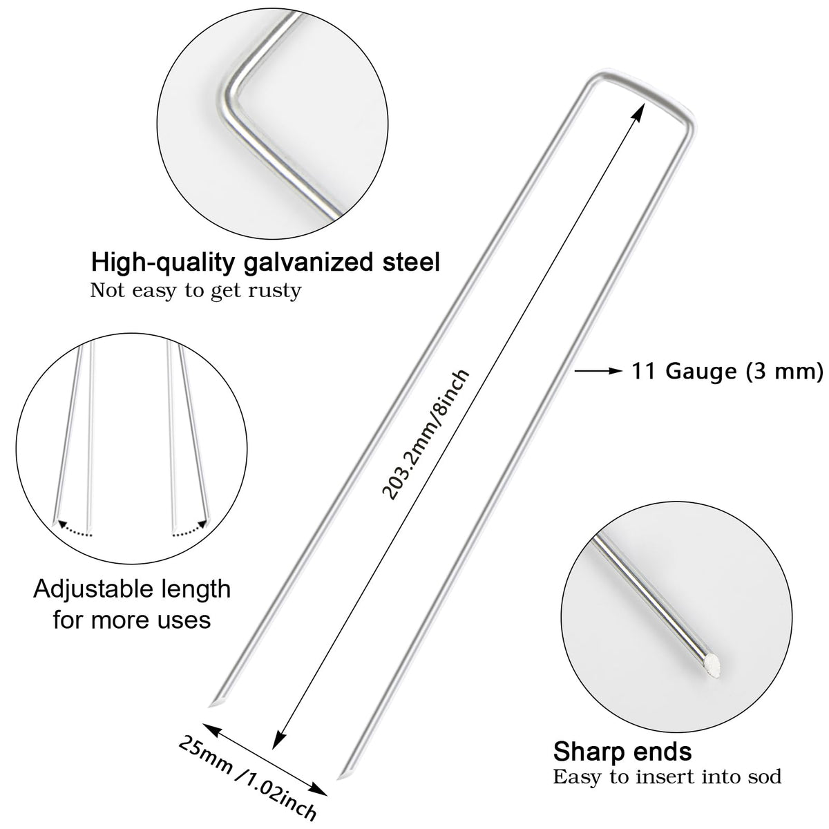 FEED GARDEN 8 Inch 50 Pack Galvanized Landscape Staples 11 Gauge Anti-Rust Garden Stakes Landscaping Fabric SOD Pins Yard Stakes for Weed Barrier Fabric