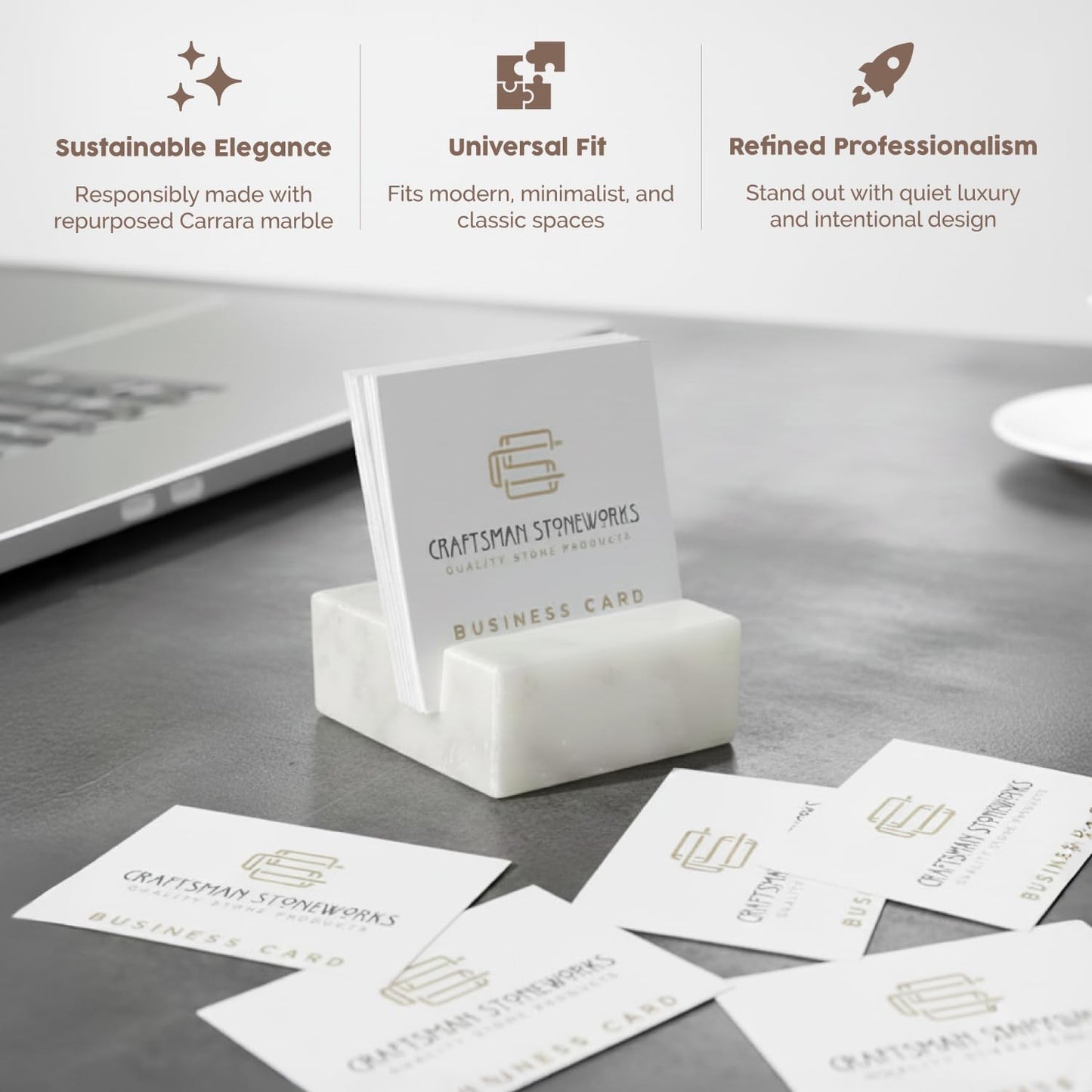 Elegant White Carrara Marble Square Business Card Holder for Desk - Stylish Card Display Stand and Organizer for Women and Men - Business Card Holder Desk made with Recycled Marble.