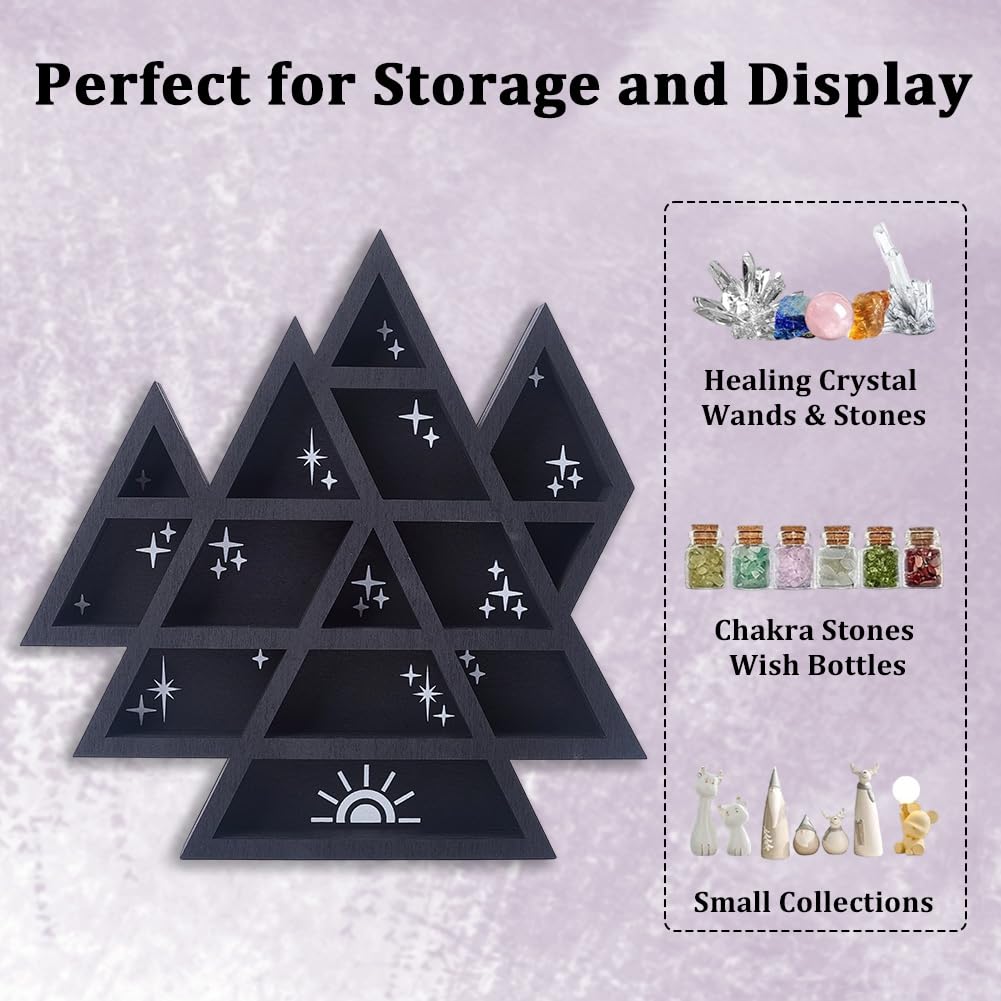 PRESSINART Crystal Display Wall Mount 11.8 x 11.8 Inch Rustic Floating Wall Decor, Wooden Mountain Shelves Oils Trinkets Gemstone Triangle Storage Organizer for Meditation Spiritual Gift Home Decor