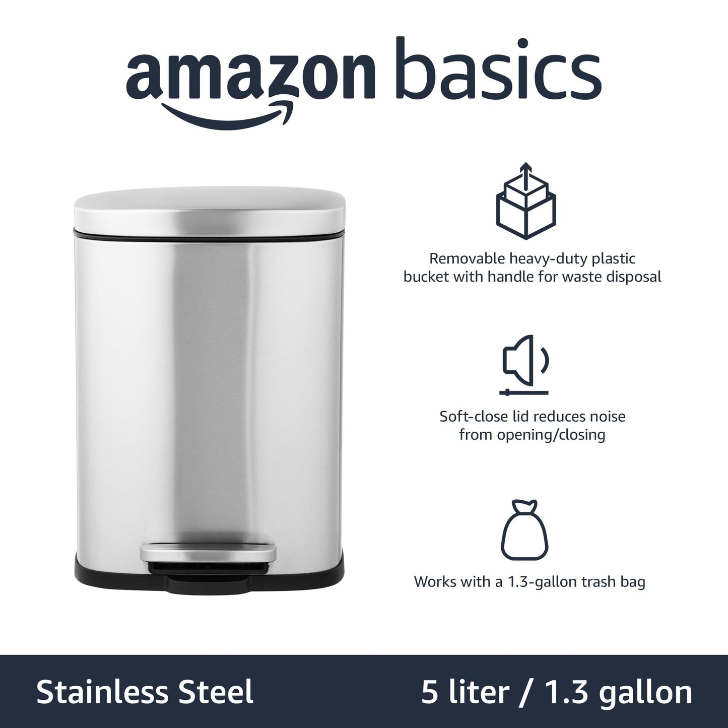 Amazon Basics Smudge Resistant Rectangular Trash Can With Soft-Close Foot Pedal, Brushed Stainless Steel, 50 Liter/13.2 Gallon, Satin Nickel Finish, 16.7"L x 14.7"W x 25.9"H