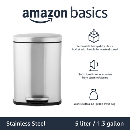 Amazon Basics Smudge Resistant Rectangular Trash Can With Soft-Close Foot Pedal, Brushed Stainless Steel, 50 Liter/13.2 Gallon, Satin Nickel Finish, 16.7"L x 14.7"W x 25.9"H