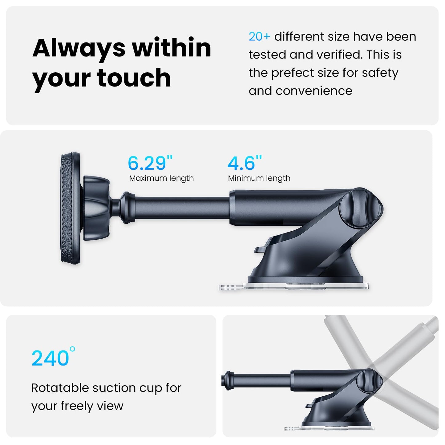 APPS2Car Magnetic Phone Car Mount, Universal Dashboard Windscreen Industrial-Strength Suction Cup Car Phone Mount Holder with Adjustable Telescopic Arm, 6 Strong Magnets for All Cell Phones