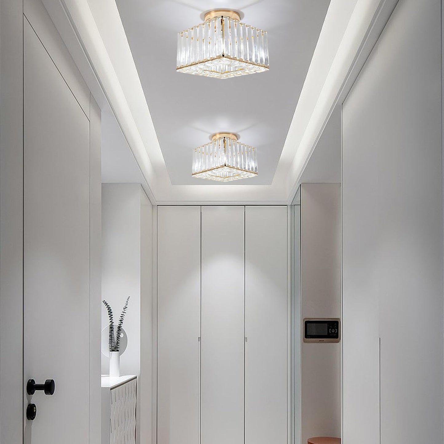 Kadomm Modern Crystal Ceiling Light Fixture, Semi Flush Mount Lighting Glod Finish LED with E26/27 Base for Bedroom, Entryway, Foyer, Hallway, Dining Room