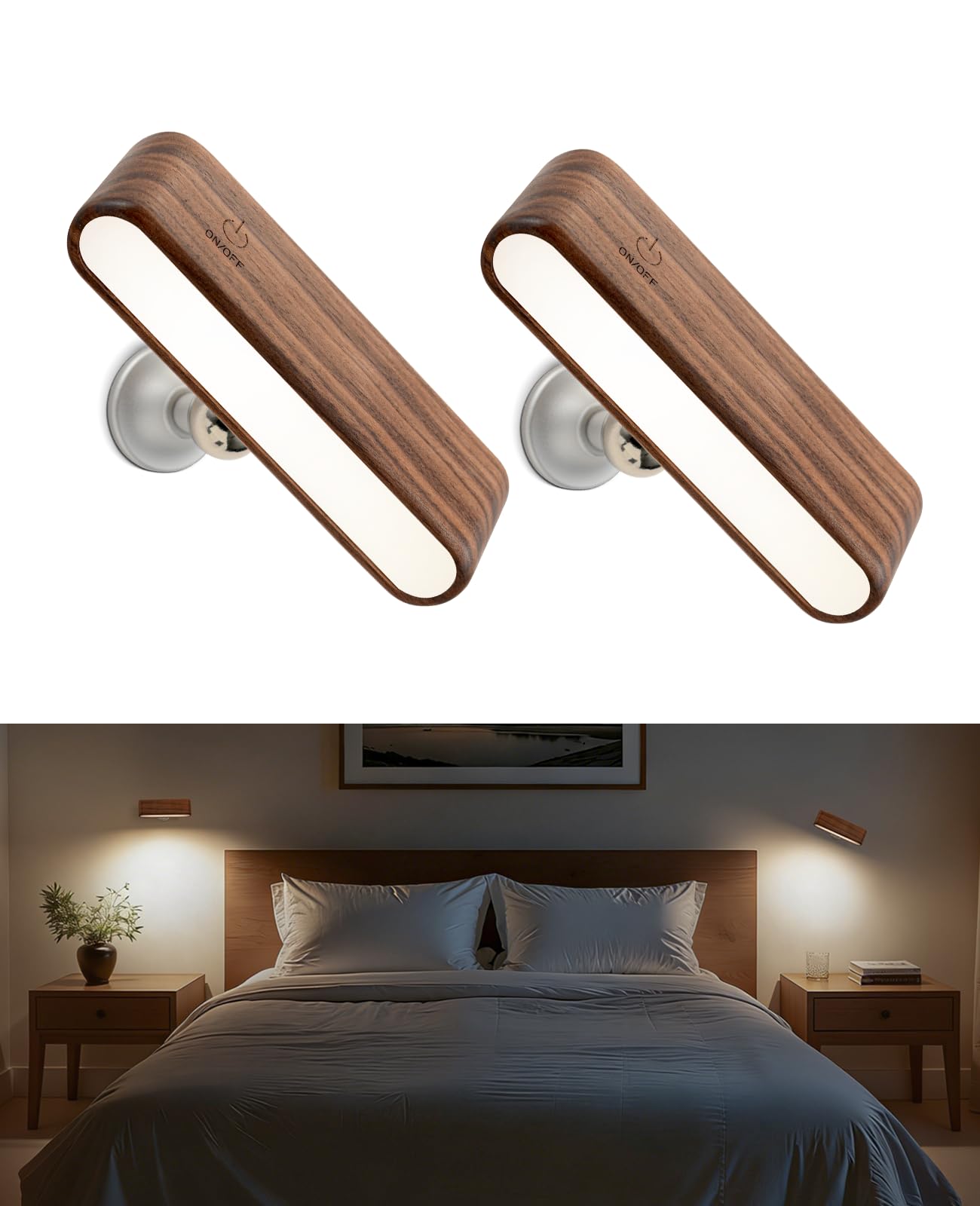 Wood LED Wall Sconce Magnetic 360°Rotate Mounted Mini Lamp Brightness Adjustable Nightlights Rechargeable Battery Powered Reading Light for Bedside Hallway Living Room Black Walnut Set of 2
