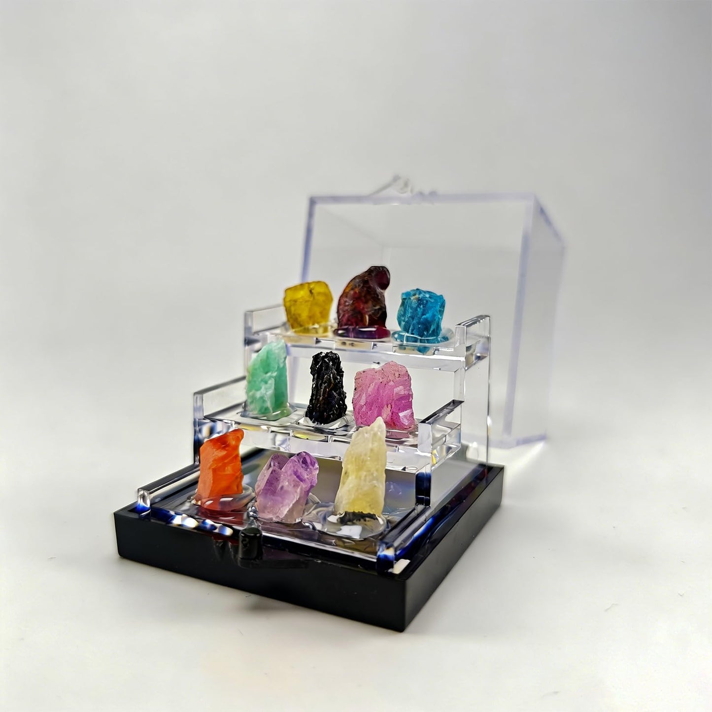 Rare Natural Naturally Mineral Specimen Collection Gift Box-9 Pieces Exquisite Minerals-Square Acrylic Tiered Display Case - Ideal Gifts for Mineral Enthusiasts,Geography Enthusiast-(Small)