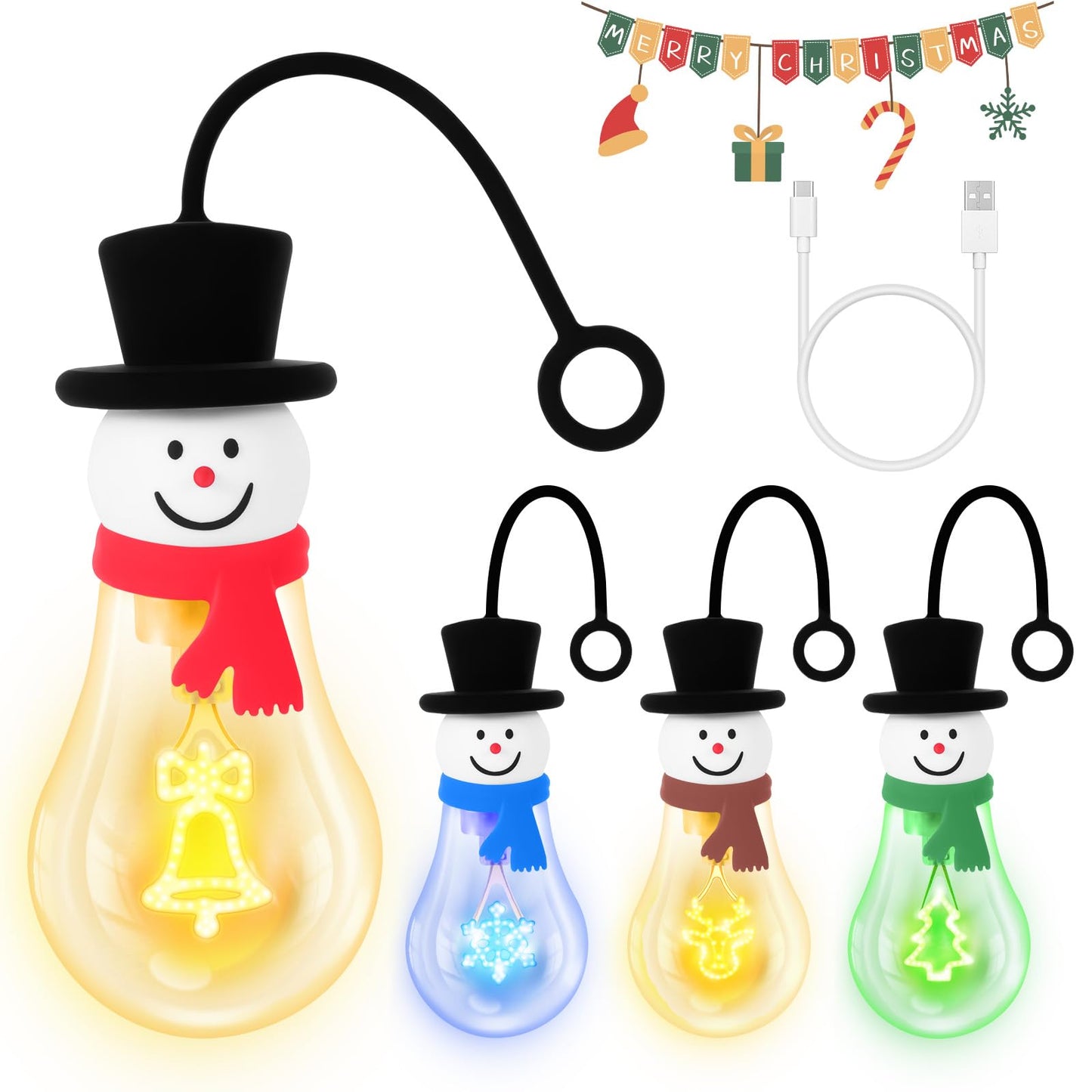 Christmas Bulb Light Hanging Christmas Night Light Edison Style Bulb USB Powered 8Hrs Play Fun Decorative for Indoor Outdoor Home Party Holiday Gift（Blue+Green+Red+Coffee Brown）