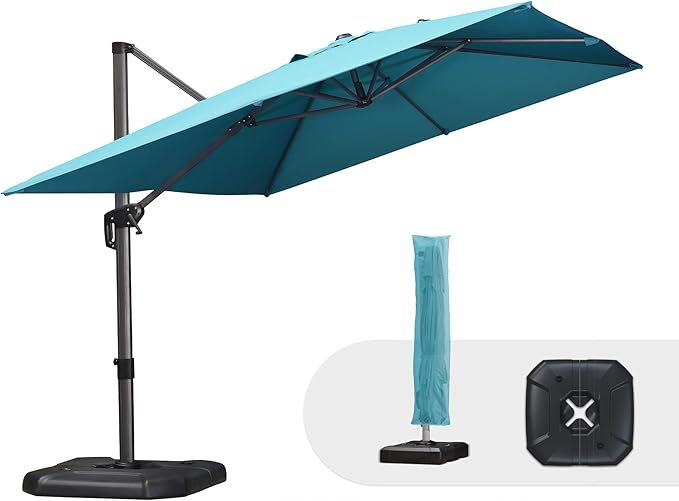 PURPLE LEAF 9'×11.5' Cantilever Patio Umbrella with Base Rectangle Offset Outdoor Umbrella Cover with Zipper for Garden Deck Pool Turquoise Blue