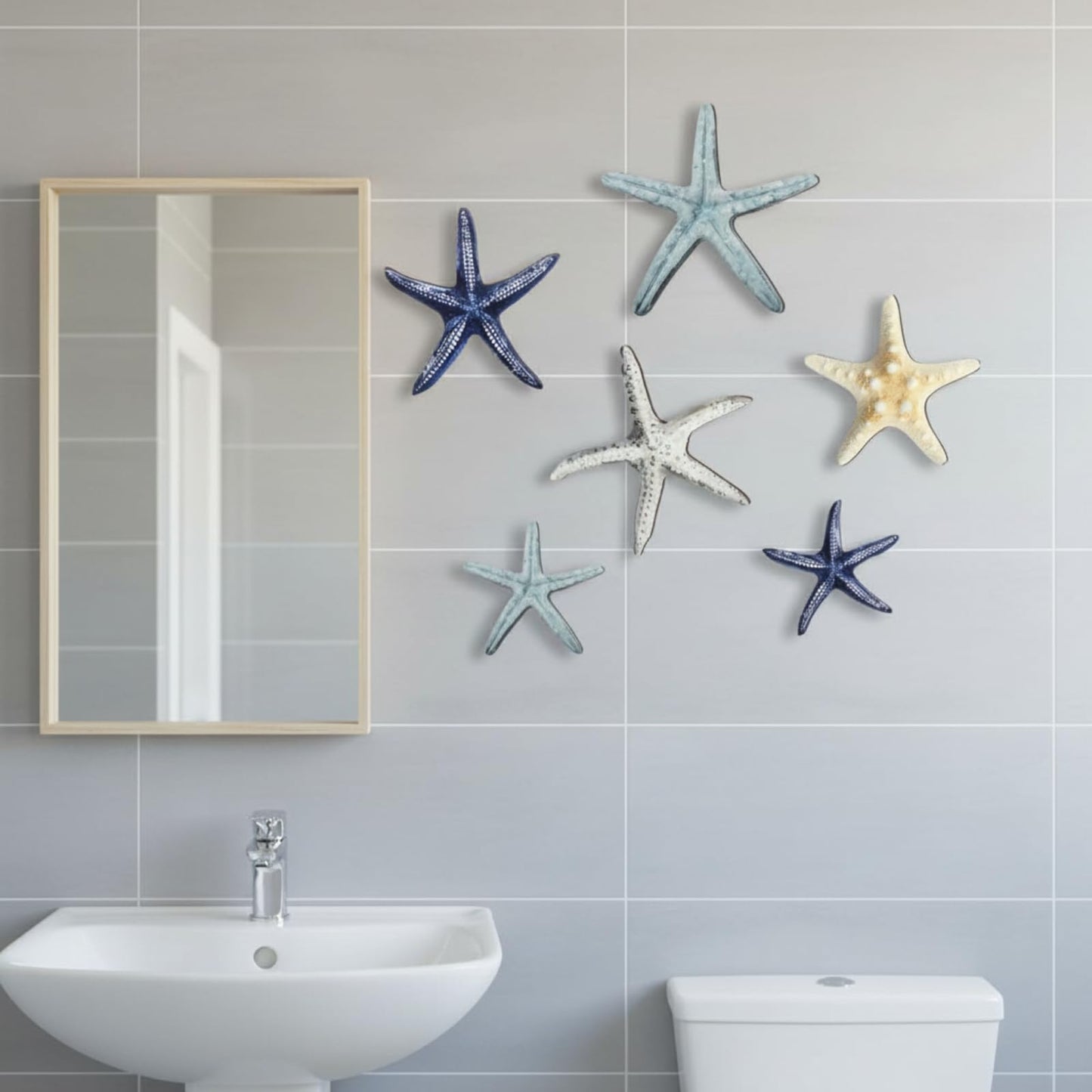 CroBlissful 6 Pcs Summer Starfish Wall Decor Beach Starfish Wooden Wall Art Beach Coastal Wooden Sign with Hook Summer Hanging Decoration for Home Farmhouse Sculpture Indoor Outdoor