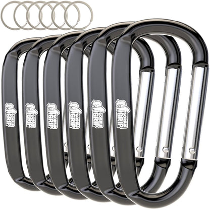 GORILLA GRIP Carabiner Clip, 3" D Ring, Pack of 6 Heavy Duty Aluminum Key Holder Clips Hold 170lbs, Rust, Scratch-Resistant Camping Essentials, Hiking Gear, Tactical Backpacking Keychains, Black