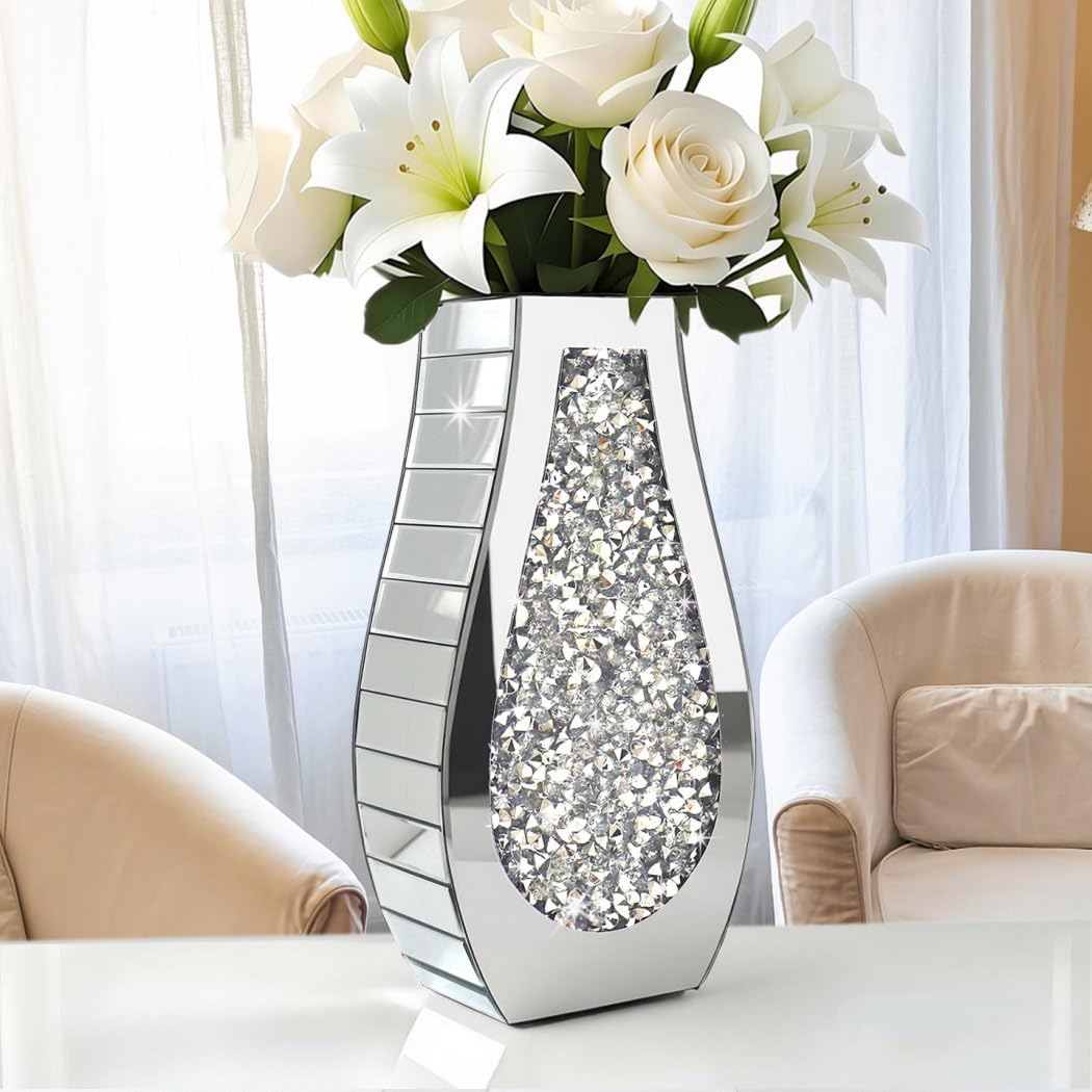 15" Crushed Diamond Mirror Vase, Silver Luxury Table Decor