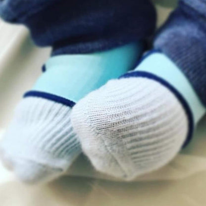 Sock Ons - Baby Sock Holders - 6-12 Months - 3 Pack (1 x Baby Blue, 1 x Navy, 1 x White) - Amazing Value Pack - Keep Baby Socks On!