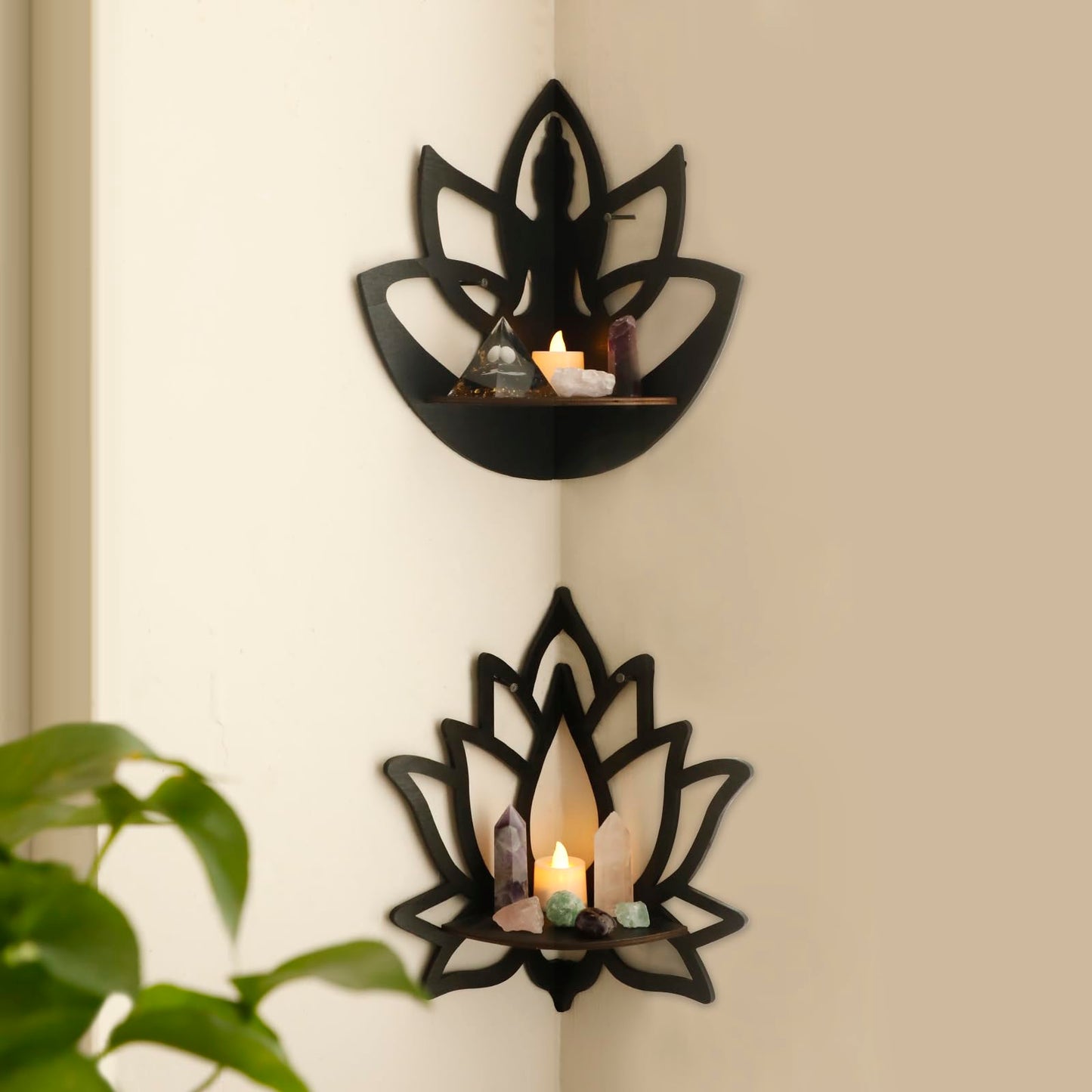 Artilady Crystal Shelf Display - 2 Pcs Lotus Buddha Floating Shelves for Wall Corner Floating Shelves for Crystals and Stone Display Bedroom Home Decor Aesthetic Witchy Gift for Women